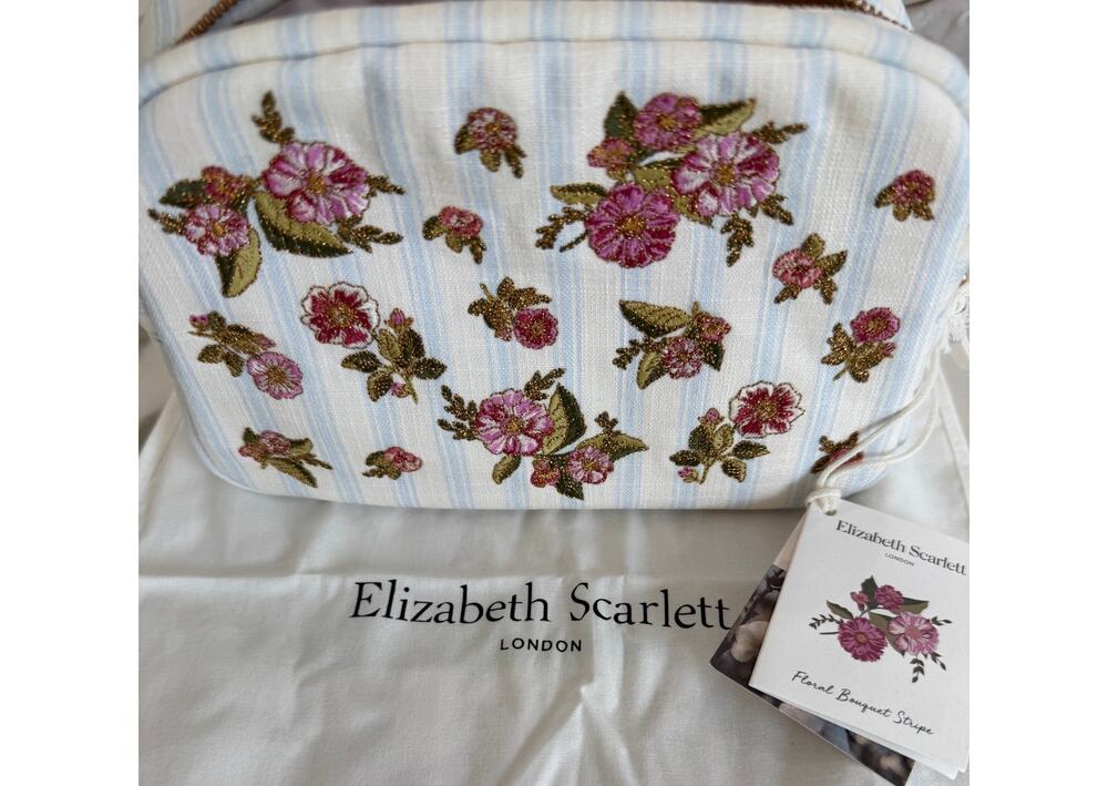 Elizabeth Scarlett London NEW Floral Bouquet Stripe Embroidered Makeup Bag